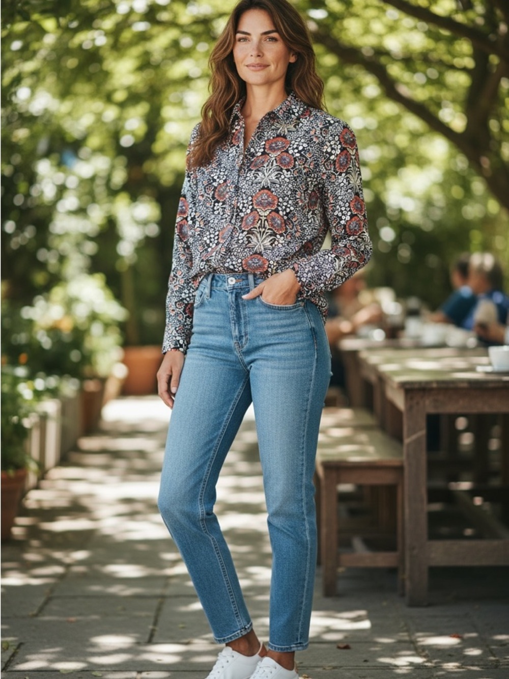Walter Baker Floral Button-Down Blouse in Navy Blue and Rust